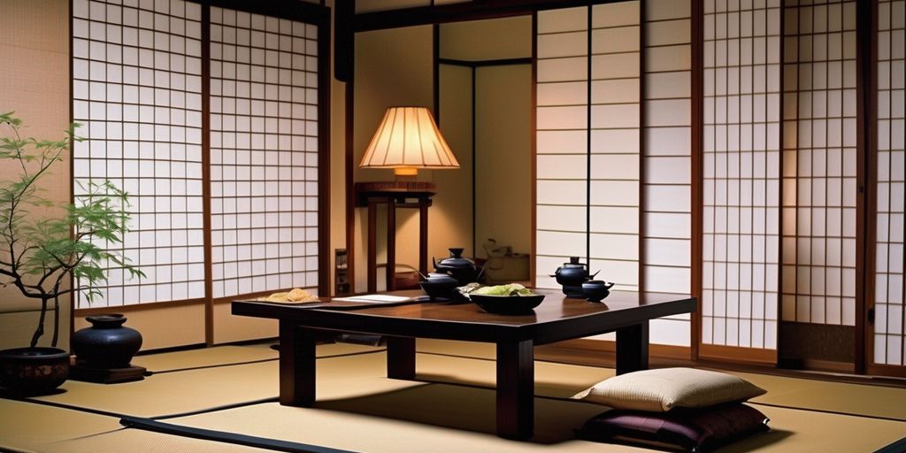 traditional Japanese home interior with tatami mats and shoji screens